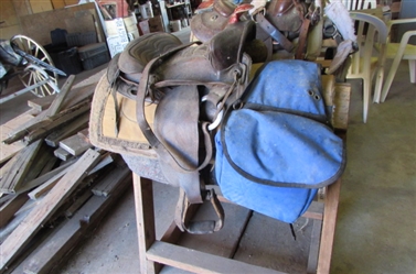 OLD WORN OUT SADDLE, STAND, BLANKET, AND MORE