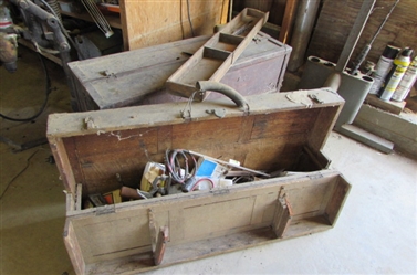 2 ANTIQUE WOOD TOOL BOXES AND CONTENTS