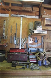 SHOP BENCH CONTENTS- BENCH GRINDER, TOOL BOXES, AND MORE TOOLS