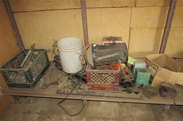 MISCELLANEOUS METAL ITEMS: STOOL, TOOL BOX, FILE BOX, CHAINS, WIRE FENCING SUPPLIES AND MORE ITEMS