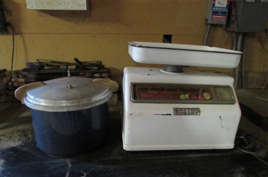 VINTAGE DAYTON FRUIT AND VEGGIE SCALE AND PRESSURE COOKER