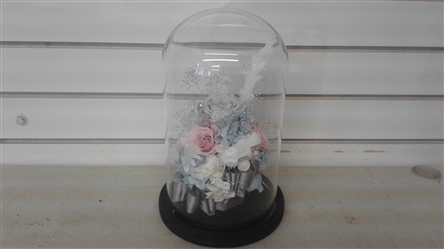FLORAL CLEAR GLASS BELL DOME WITH WOOD BASE