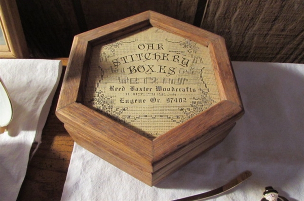 SMALL OAK 'STITCHERY' TRINKET BOX/BRACELETS & MORE