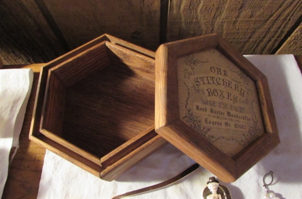 SMALL OAK 'STITCHERY' TRINKET BOX/BRACELETS & MORE
