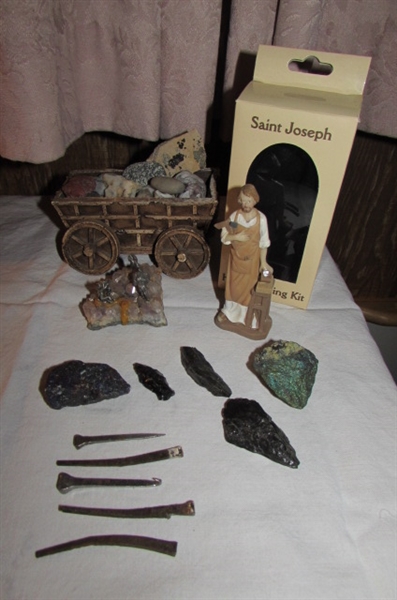 ORE CART, STONES & SAINT JOSEPH FIGURINE