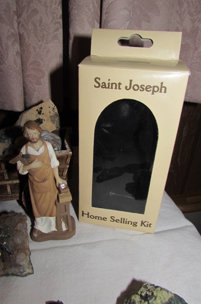 ORE CART, STONES & SAINT JOSEPH FIGURINE