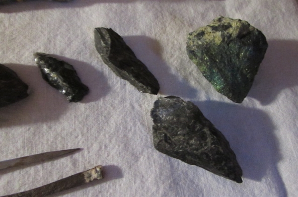 ORE CART, STONES & SAINT JOSEPH FIGURINE