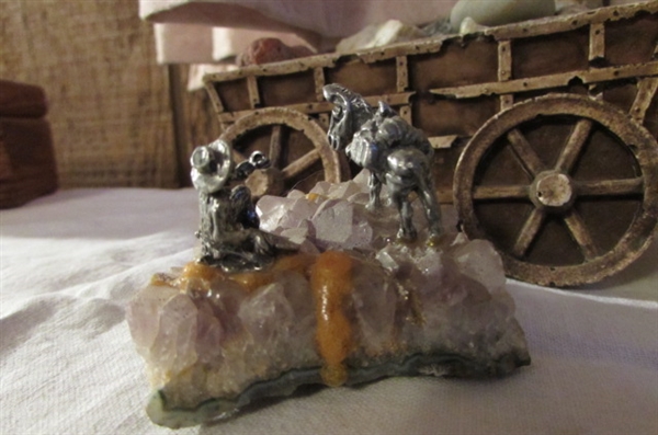 ORE CART, STONES & SAINT JOSEPH FIGURINE