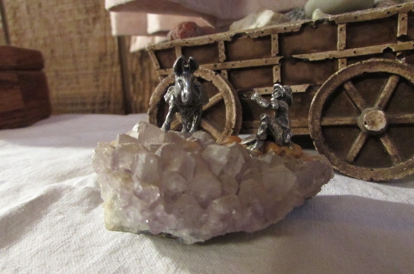 ORE CART, STONES & SAINT JOSEPH FIGURINE
