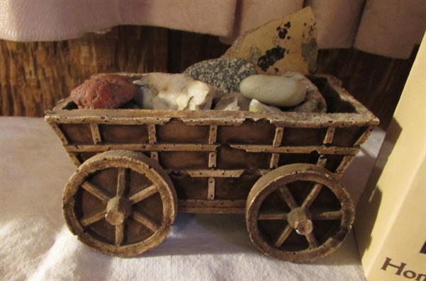 ORE CART, STONES & SAINT JOSEPH FIGURINE