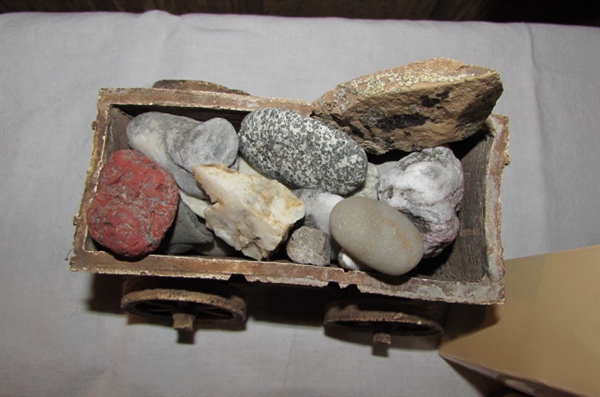 ORE CART, STONES & SAINT JOSEPH FIGURINE