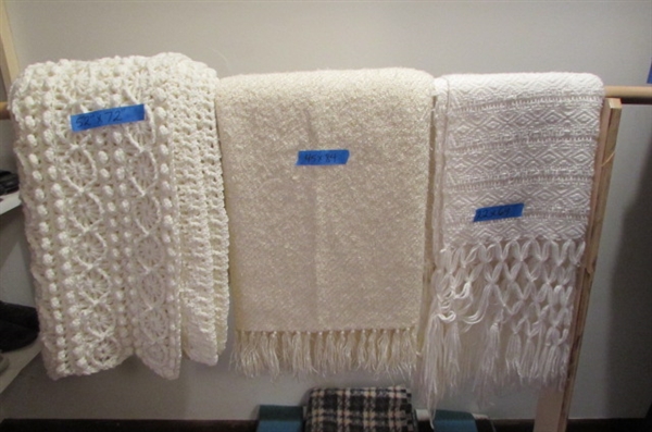 3 WHITE KNITTED/CROCHETED THROWS