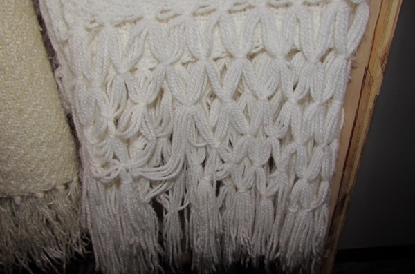 3 WHITE KNITTED/CROCHETED THROWS