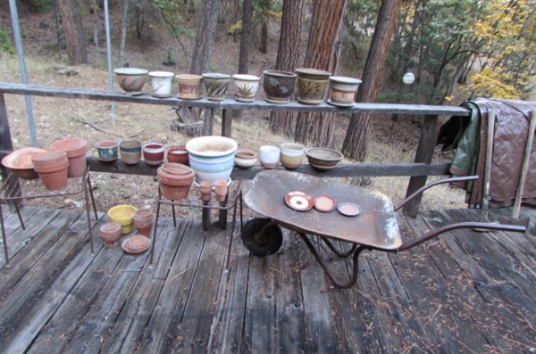 VINTAGE WHEELBARROW, SIDE TABLES & PLANTERS