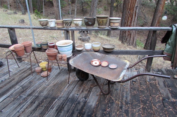 VINTAGE WHEELBARROW, SIDE TABLES & PLANTERS