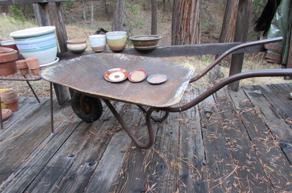 VINTAGE WHEELBARROW, SIDE TABLES & PLANTERS