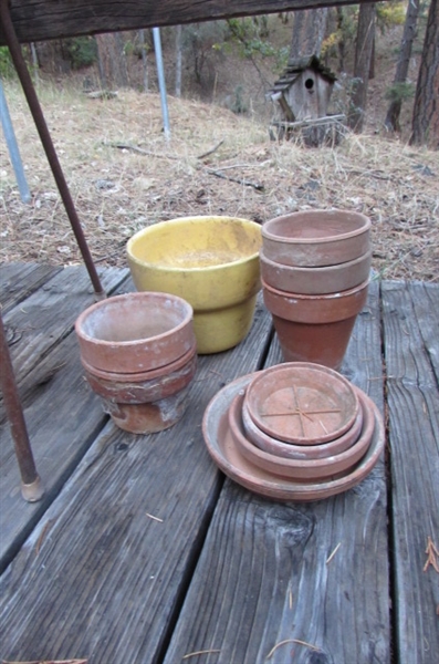 VINTAGE WHEELBARROW, SIDE TABLES & PLANTERS