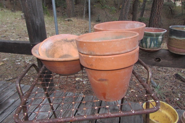 VINTAGE WHEELBARROW, SIDE TABLES & PLANTERS