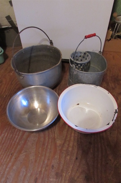 LARGE ENAMELED BOWL, METAL MOP BUCKET & MORE