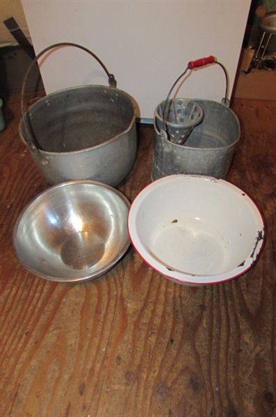 LARGE ENAMELED BOWL, METAL MOP BUCKET & MORE