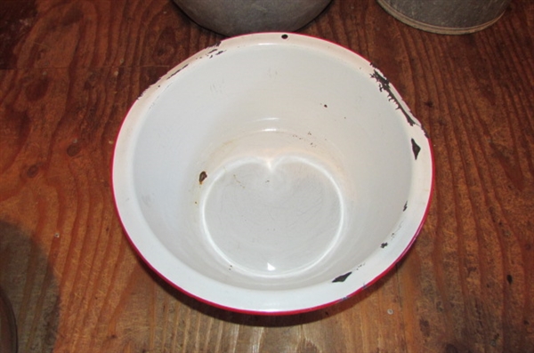 LARGE ENAMELED BOWL, METAL MOP BUCKET & MORE