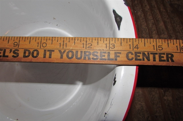 LARGE ENAMELED BOWL, METAL MOP BUCKET & MORE
