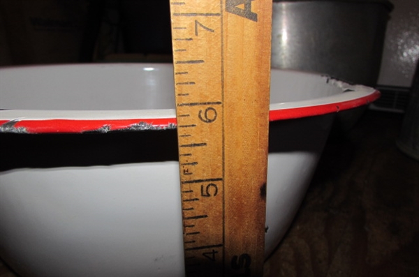 LARGE ENAMELED BOWL, METAL MOP BUCKET & MORE