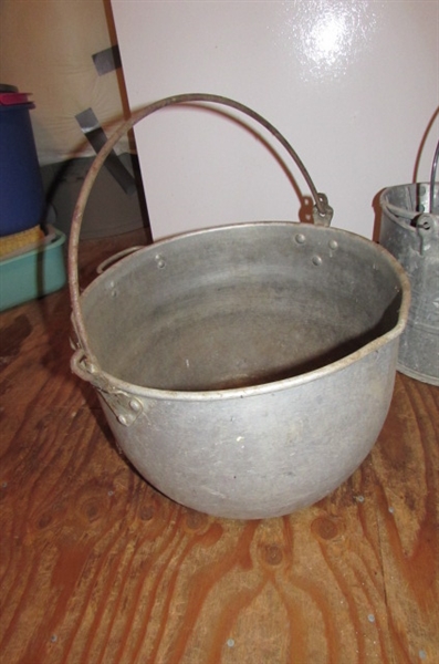 LARGE ENAMELED BOWL, METAL MOP BUCKET & MORE