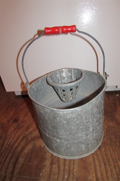 LARGE ENAMELED BOWL, METAL MOP BUCKET & MORE