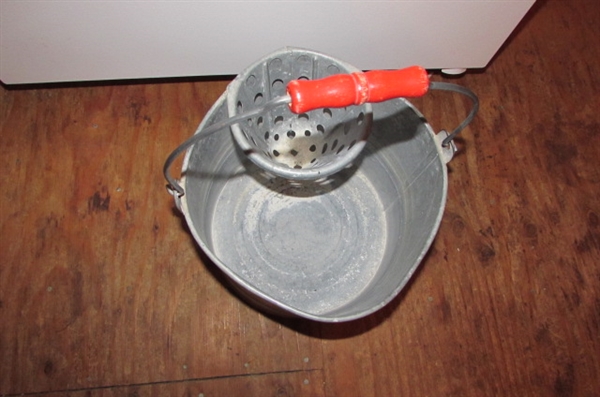 LARGE ENAMELED BOWL, METAL MOP BUCKET & MORE