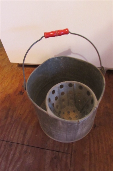 LARGE ENAMELED BOWL, METAL MOP BUCKET & MORE