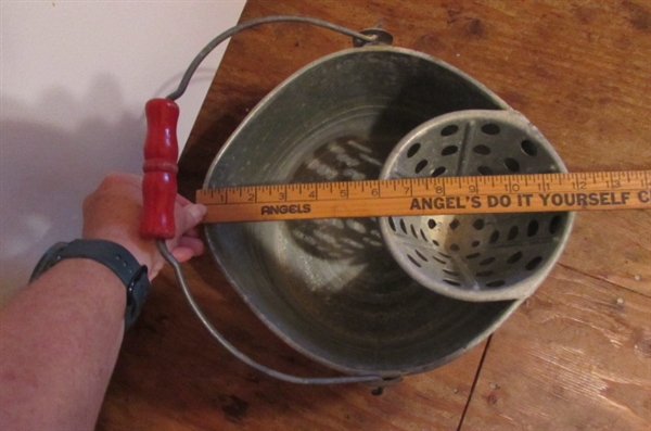 LARGE ENAMELED BOWL, METAL MOP BUCKET & MORE