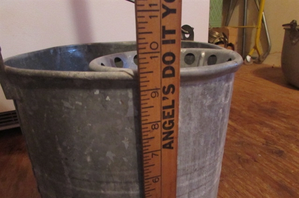 LARGE ENAMELED BOWL, METAL MOP BUCKET & MORE