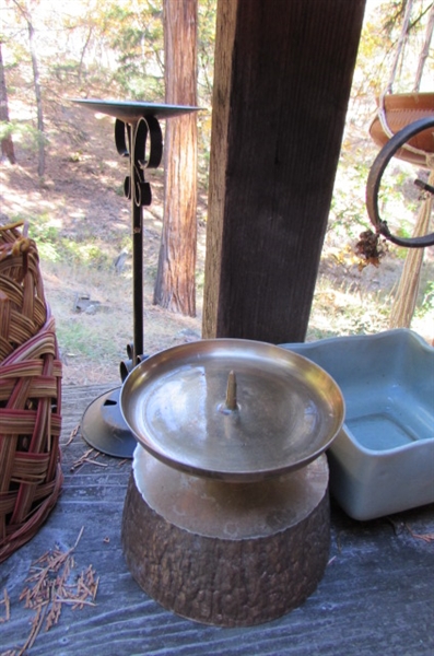 ASSORTED PLANTERS, POTS, POT HANGERS, BASKETS & YARD TOOLS