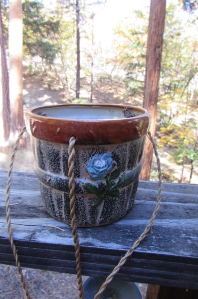 ASSORTED PLANTERS, POTS, POT HANGERS, BASKETS & YARD TOOLS