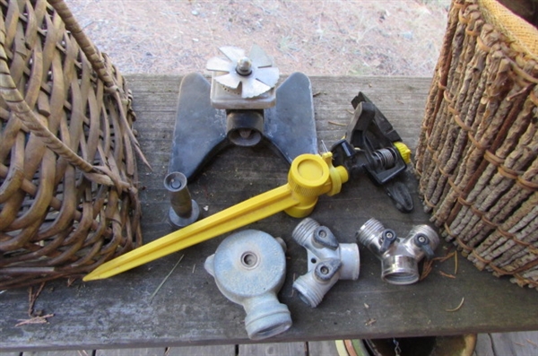 ASSORTED PLANTERS, POTS, POT HANGERS, BASKETS & YARD TOOLS