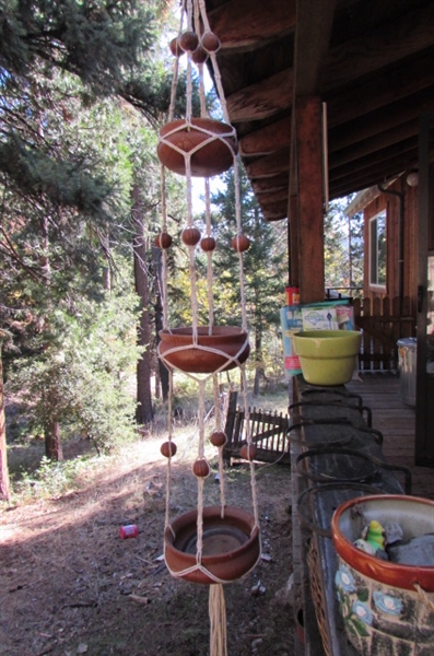 ASSORTED PLANTERS, POTS, POT HANGERS, BASKETS & YARD TOOLS