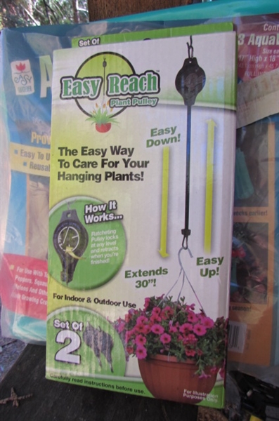 ASSORTED PLANTERS, POTS, POT HANGERS, BASKETS & YARD TOOLS