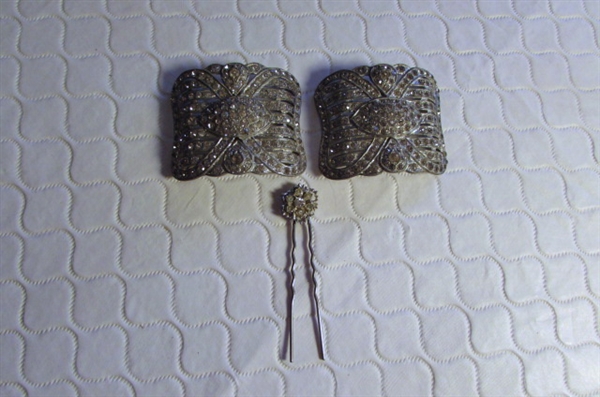 ANTIQUE 1920'S RHINESTONE SHOE CLIPS & BARRETT
