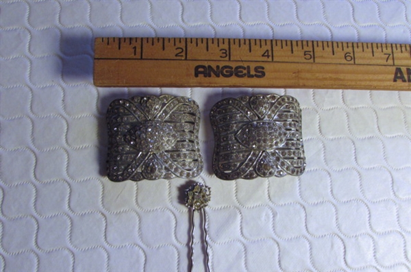 ANTIQUE 1920'S RHINESTONE SHOE CLIPS & BARRETT