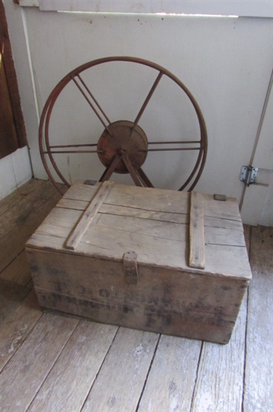 VINTAGE WOODEN BOX & METAL HOSE REEL
