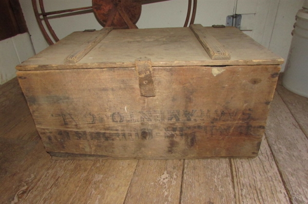 VINTAGE WOODEN BOX & METAL HOSE REEL