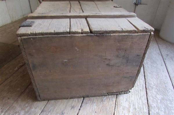 VINTAGE WOODEN BOX & METAL HOSE REEL