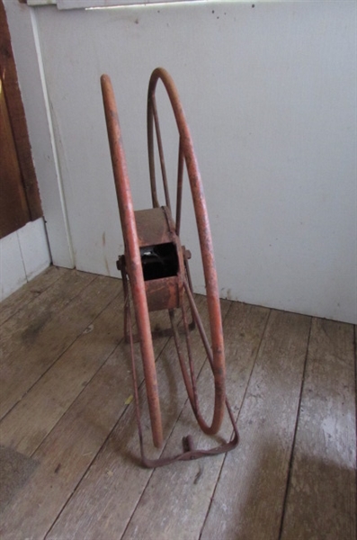 VINTAGE WOODEN BOX & METAL HOSE REEL