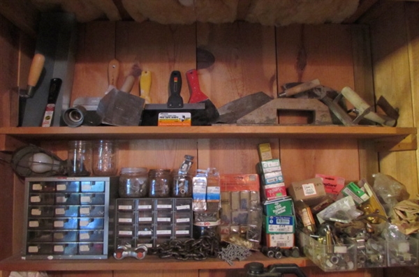 ASSORTED TROWELS, HARDWARE, STORAGE BINS & MORE