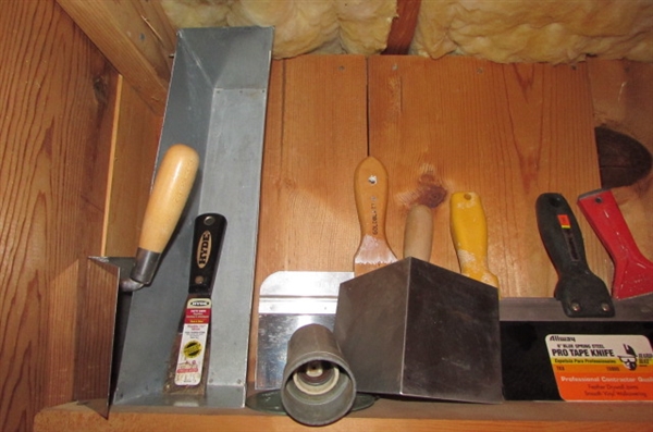 ASSORTED TROWELS, HARDWARE, STORAGE BINS & MORE