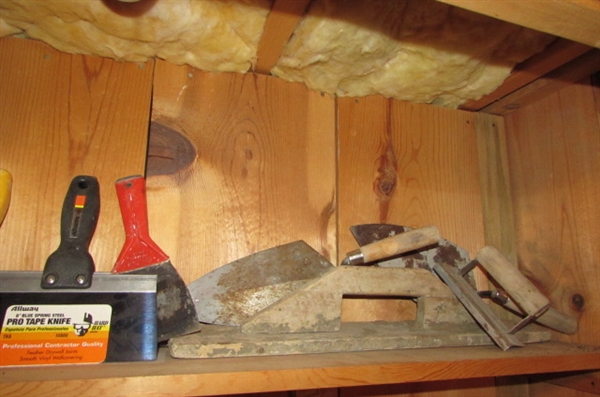 ASSORTED TROWELS, HARDWARE, STORAGE BINS & MORE