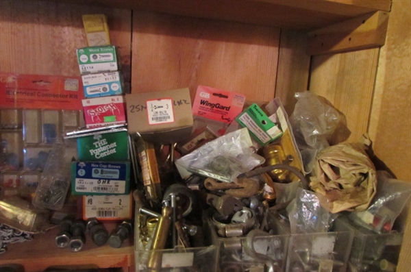 ASSORTED TROWELS, HARDWARE, STORAGE BINS & MORE