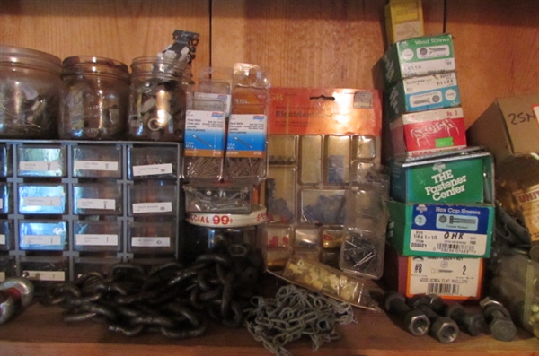 ASSORTED TROWELS, HARDWARE, STORAGE BINS & MORE
