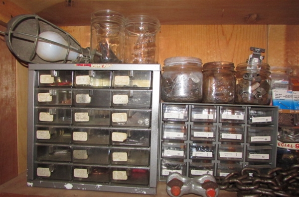 ASSORTED TROWELS, HARDWARE, STORAGE BINS & MORE